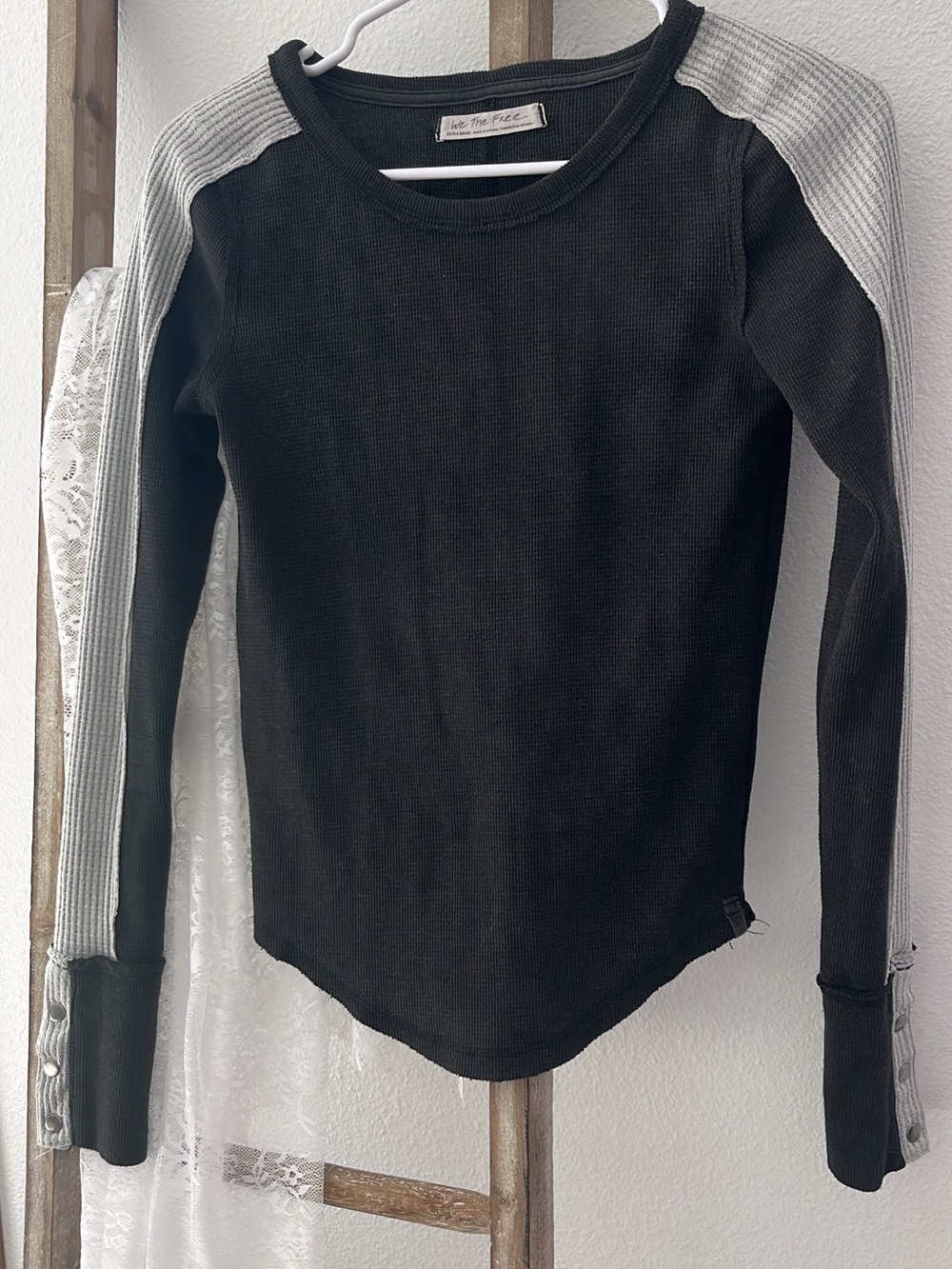 Free People Waffle Knit Top with Light Gray Sleeve Accent